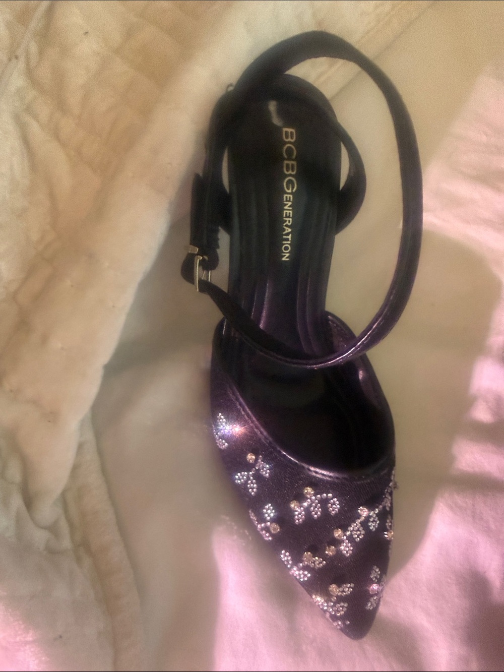 BCBGeneration black Crystal-Embellished Pointed Ankle-Strap Heels